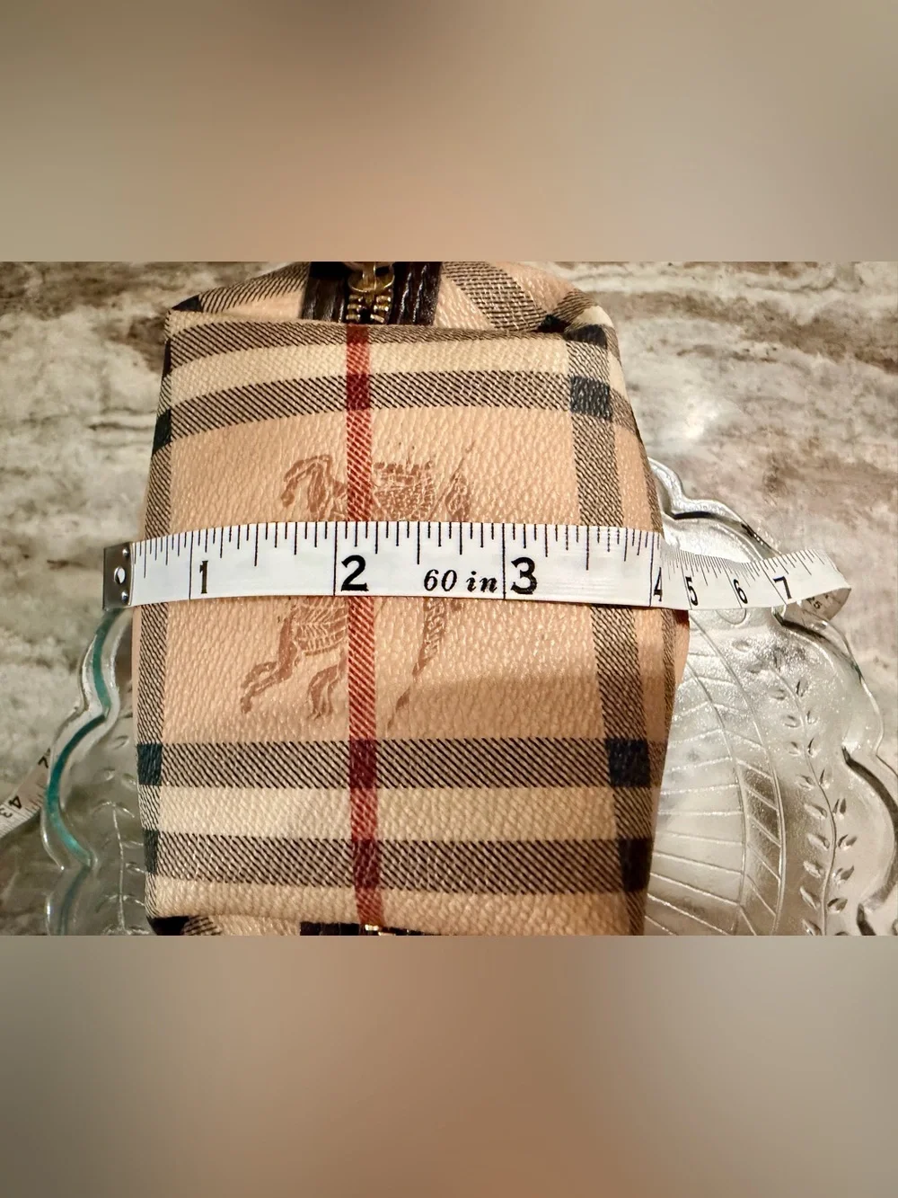 Authentic Burberry Tan Plaid Cosmetic Pouch with Black and Red Stripes